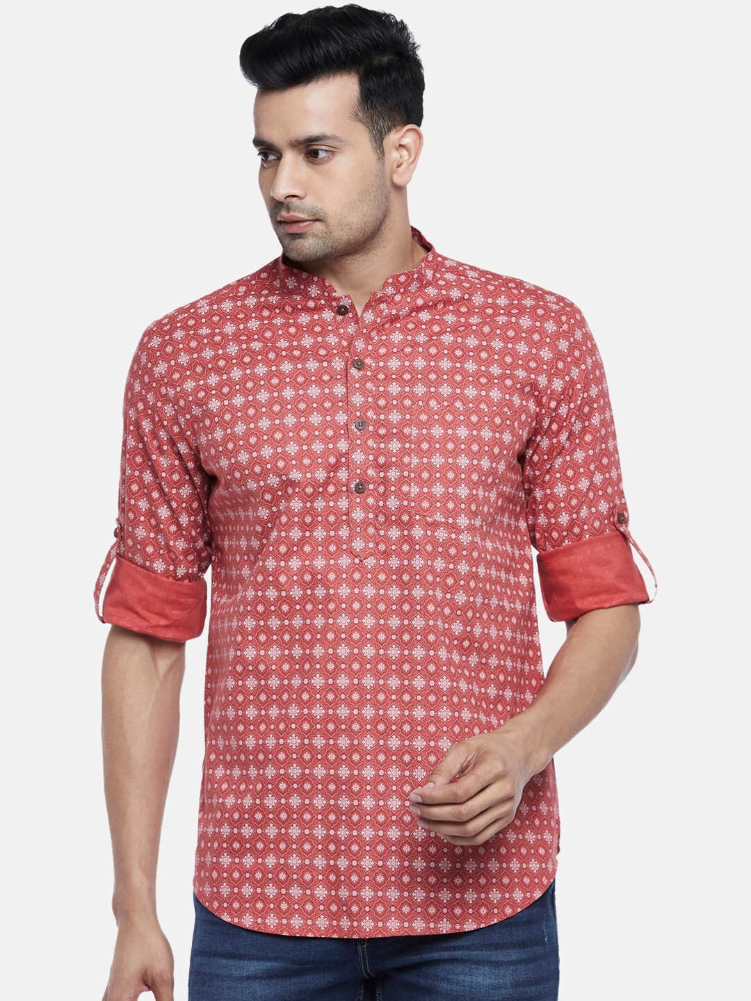 

indus route by Pantaloons Men Rust & White Ethnic Motifs Printed Cotton Short Kurta