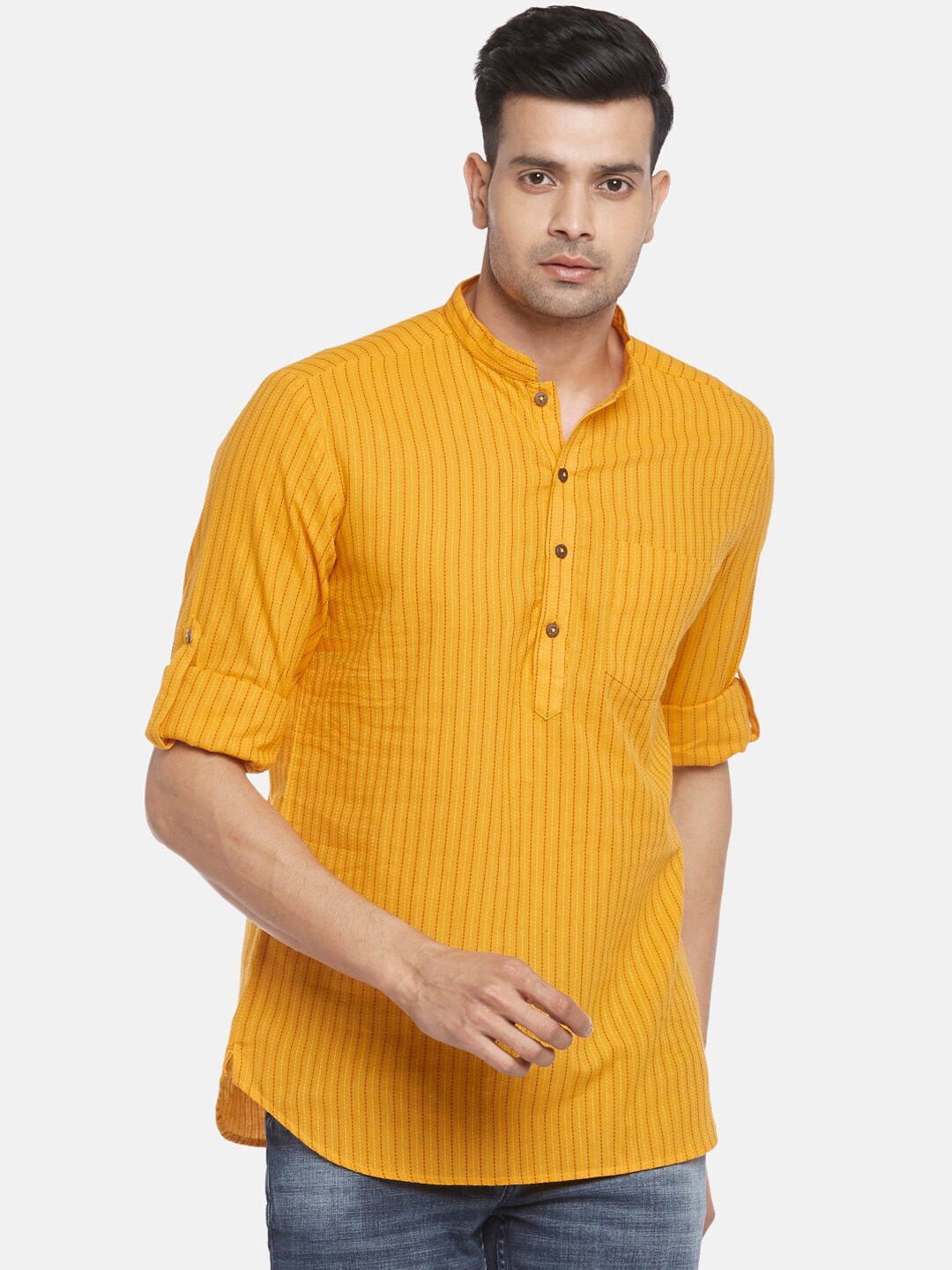 

indus route by Pantaloons Men Mustard Yellow Striped Dobby Pathani Kurta