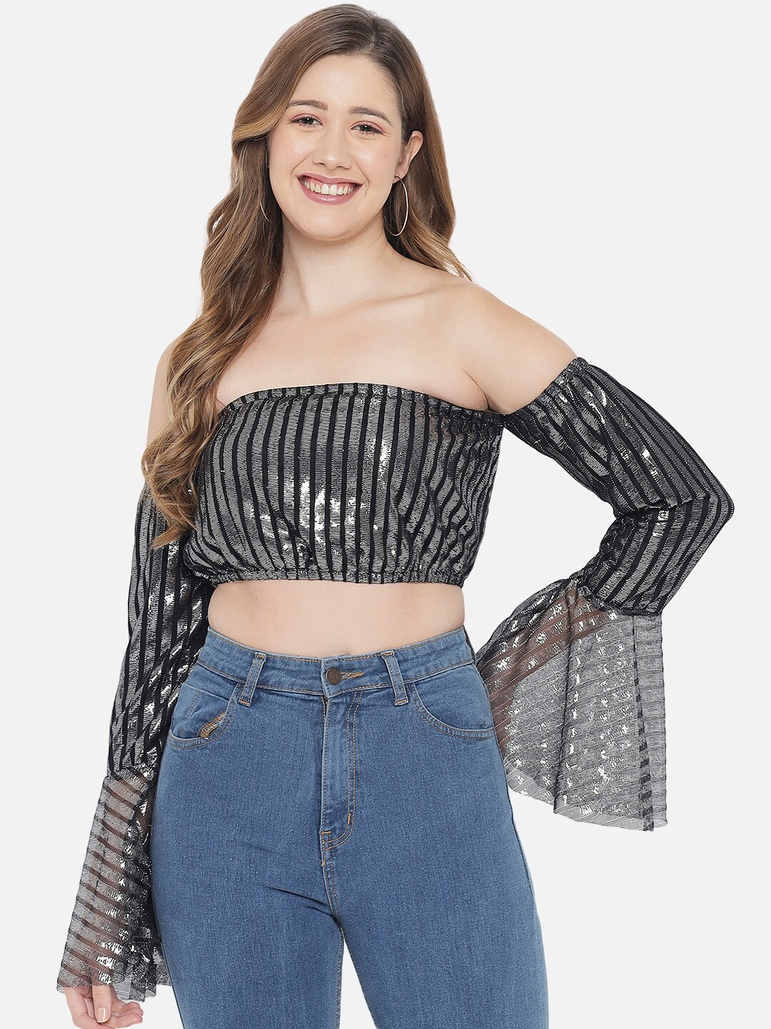 

Orchid Blues Black & Silver-Toned Embellished Off-Shoulder Crop Top