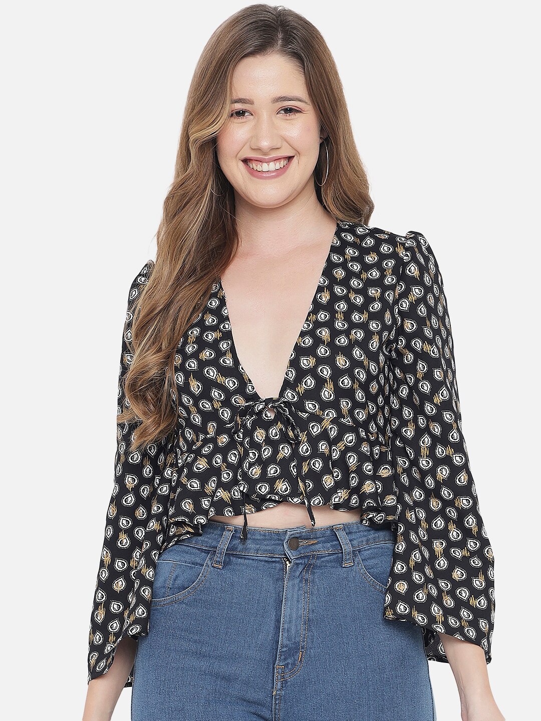 

Orchid Blues Black Print Tie-Up Neck Peplum Crop Top
