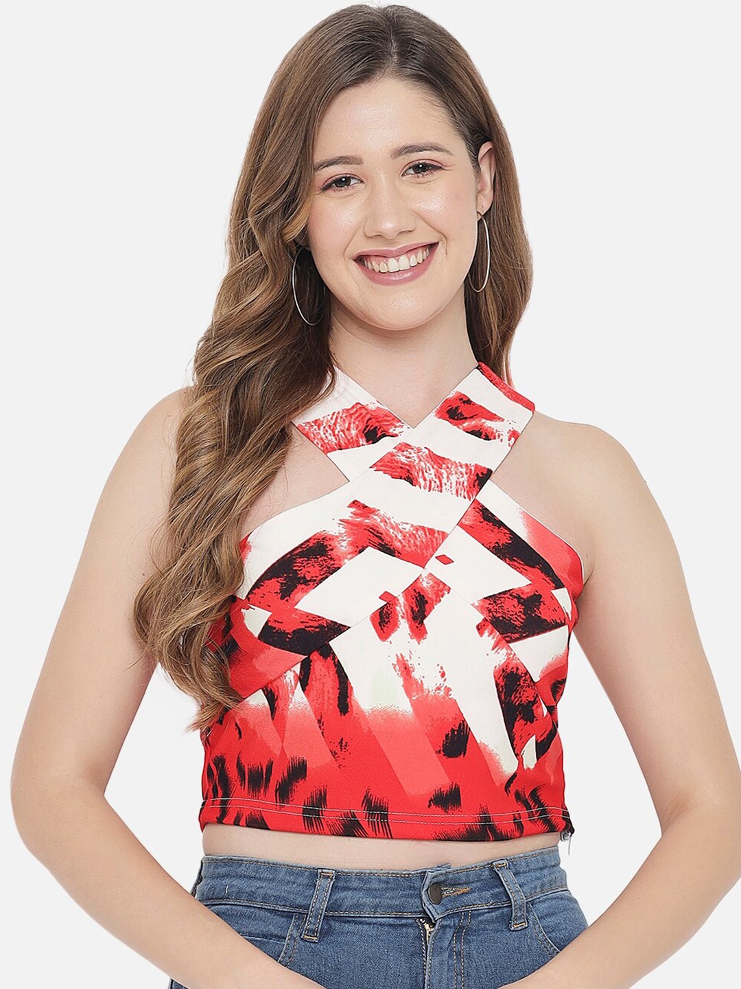 

Orchid Blues Red & White Print Halter Neck Crop Top