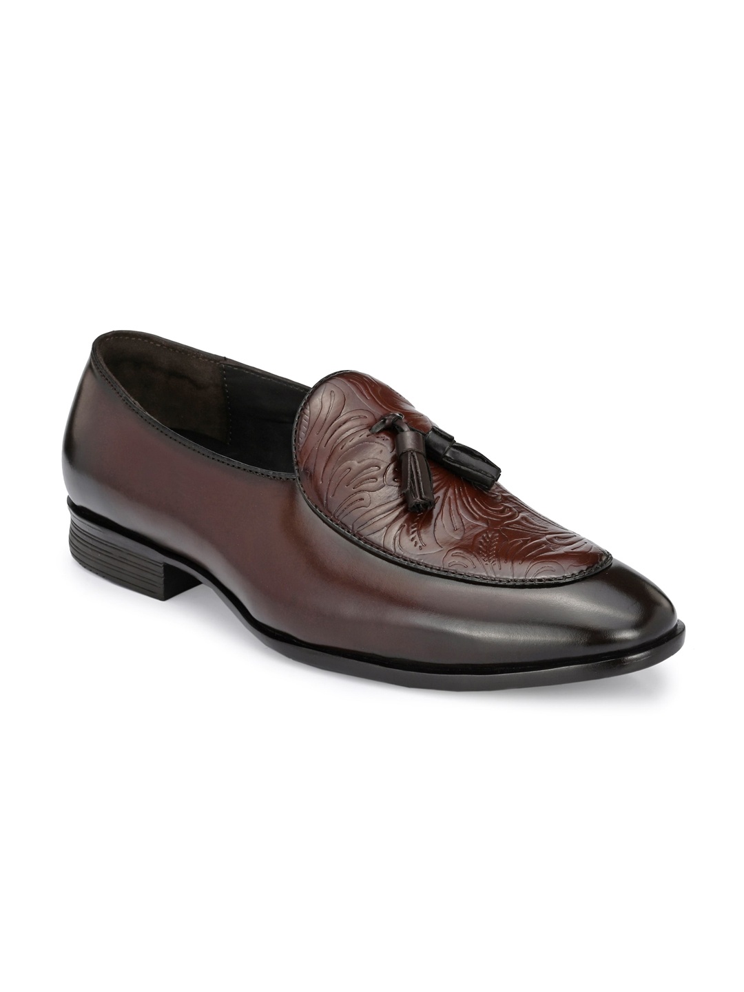

Harrytech London Men Brown Textured Formal Slip-Ons with Tasselled Detail
