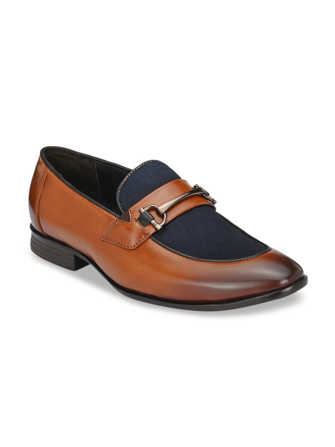 

Harrytech London Men Tan-Coloured & Navy Blue Leather Formal Horsebit Loafers