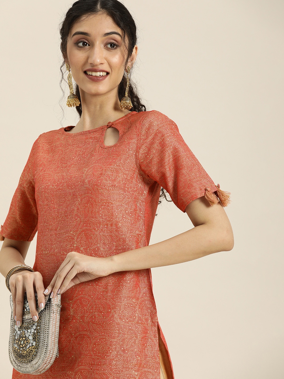 

Taavi Women Orange Floral Festive Gold Khadi Print Keyhole Neck Sustaiable Kurta