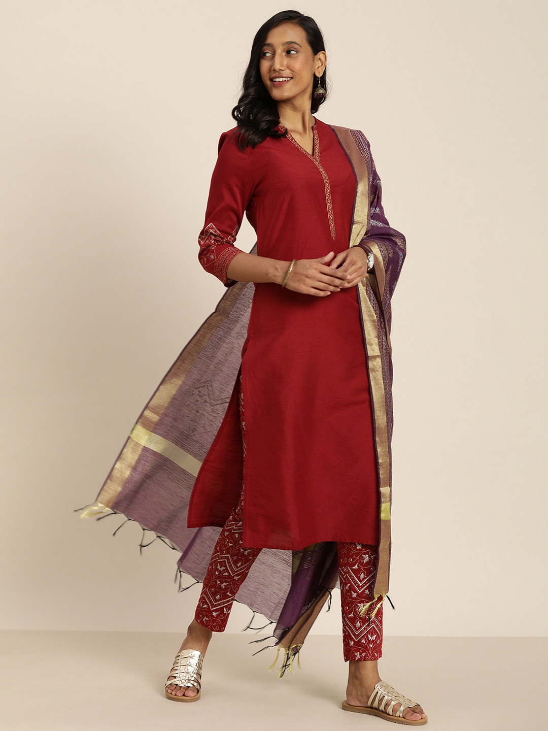 

Taavi Women Maroon Handblock Ethnic Motifs Printed Festive Kurta with Trousers & Dupatta