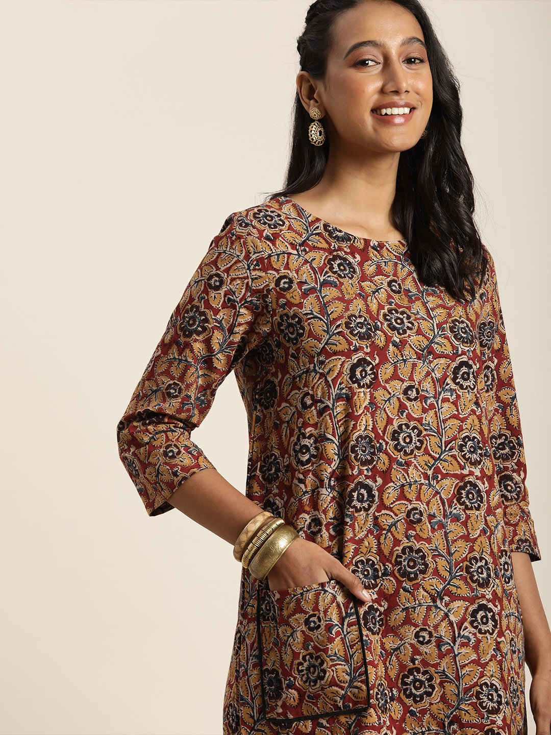 

Taavi Red & Blue Kalamkari Ethnic Motifs Pure Cotton A-Line Dress