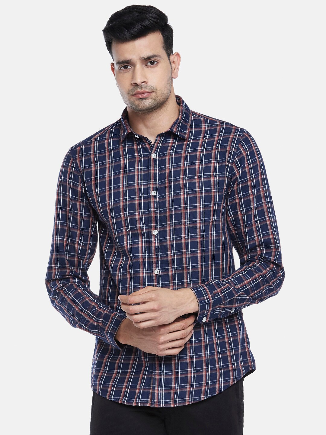 

Urban Ranger by pantaloons Men Navy Blue Slim Fit Tartan Checks Checked Casual Shirt