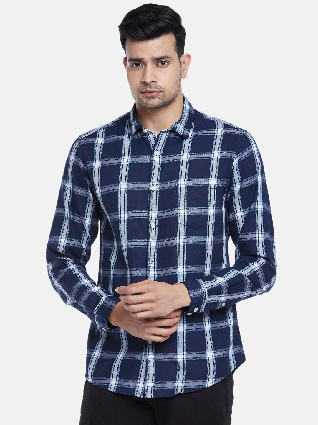 

Urban Ranger by pantaloons Men Blue Pure Cotton Slim Fit Tartan Checks Checked Shirt