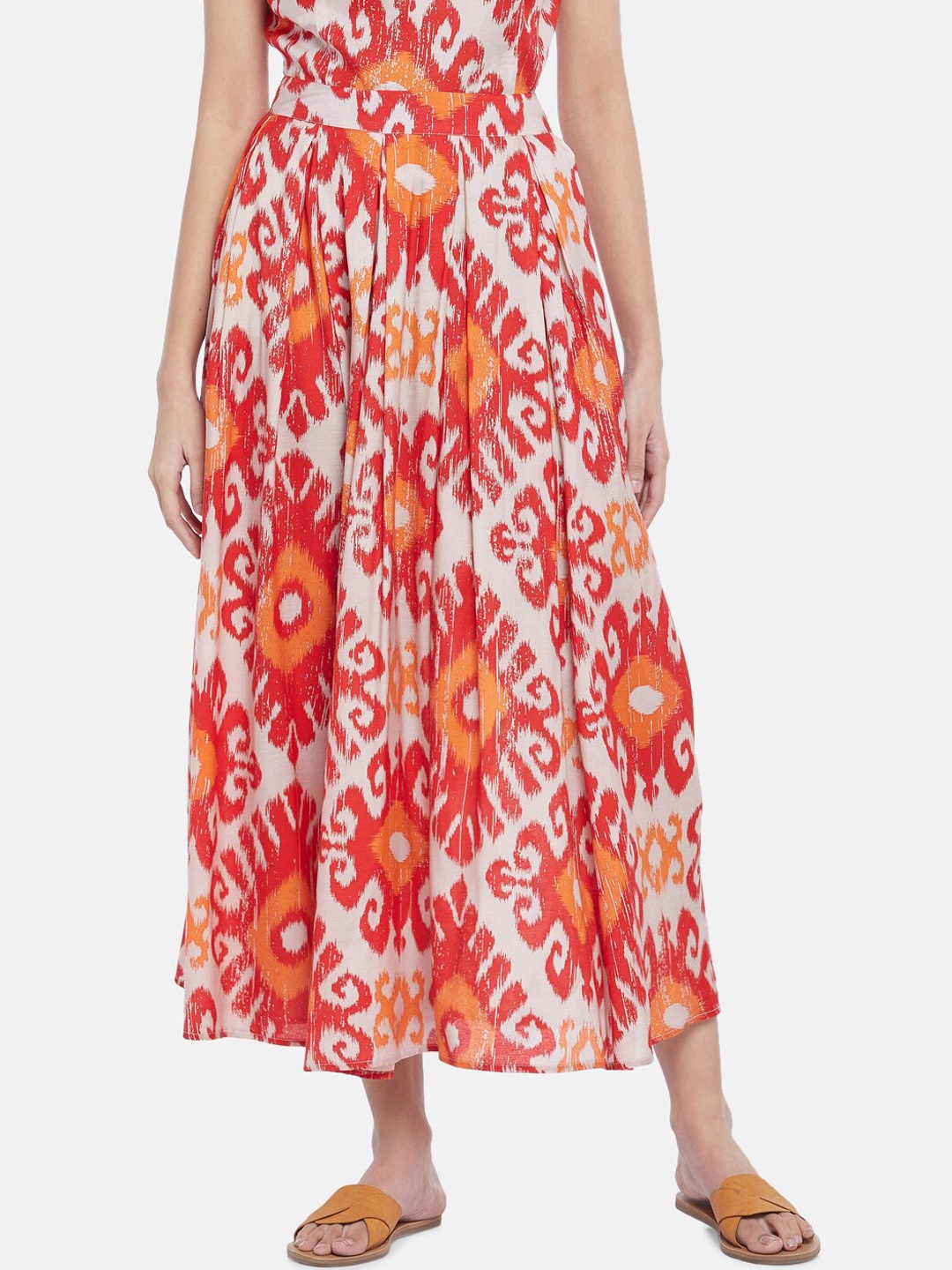 

People Women White & Orange Printed Flared maxi Skirt