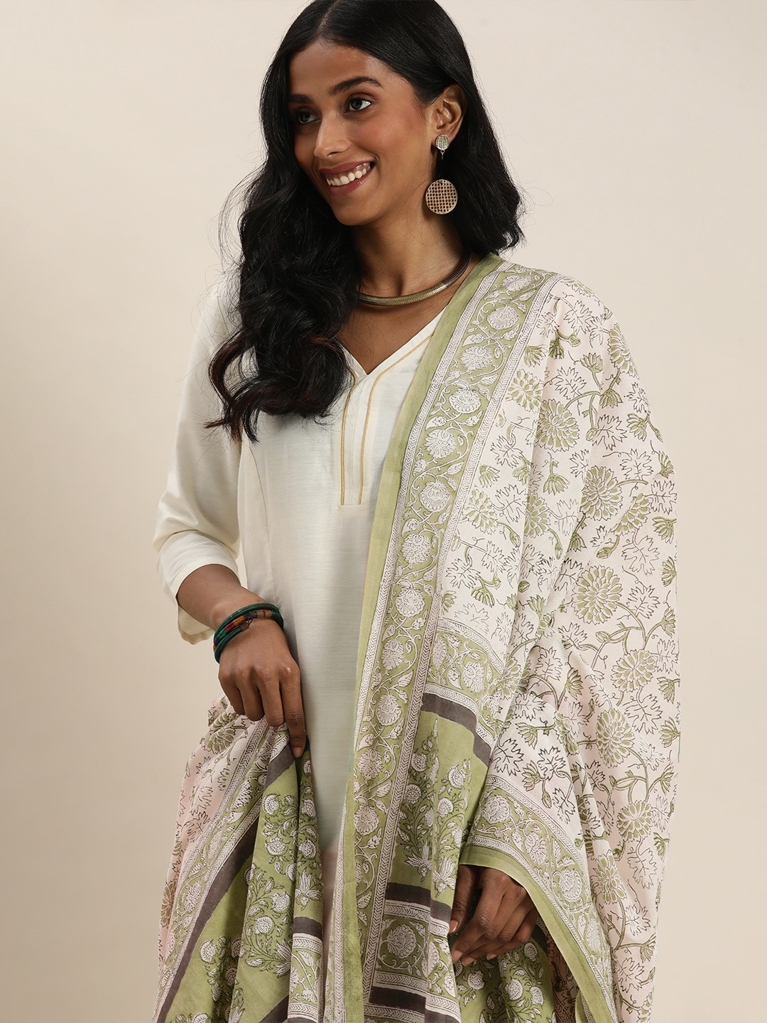 

Taavi Women Off-White & Green Pure Cotton Block Print Legacy Dupatta