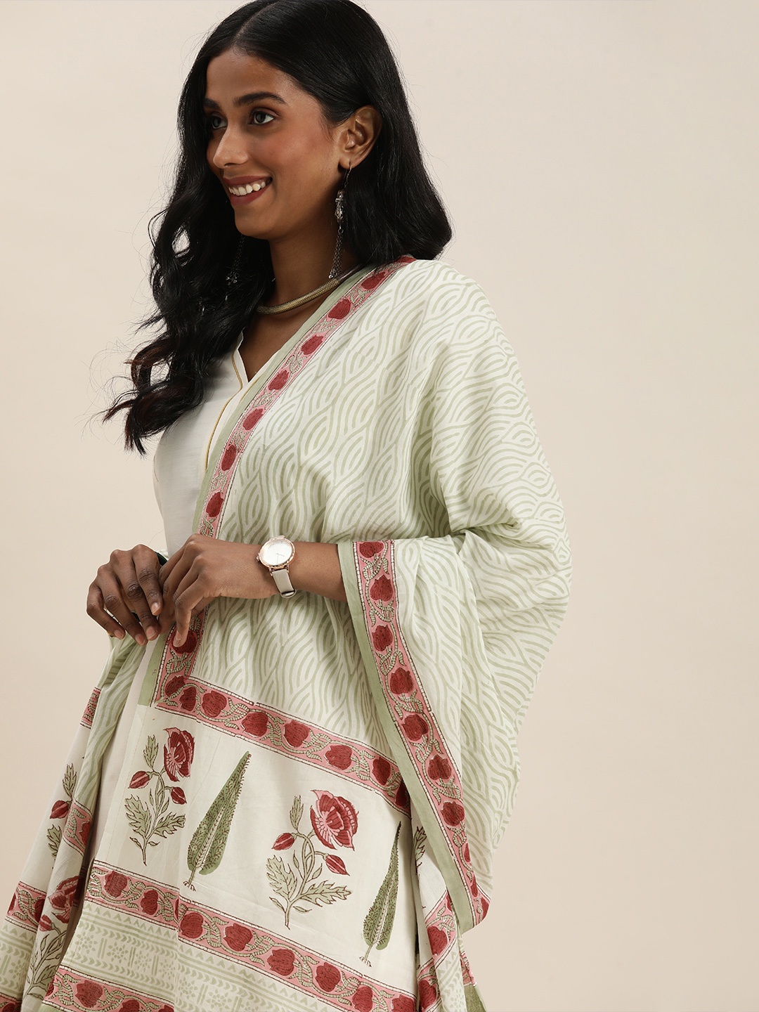 

Taavi White & Green Ethnic Motifs Printed Pure Cotton Block Print Legacy Dupatta