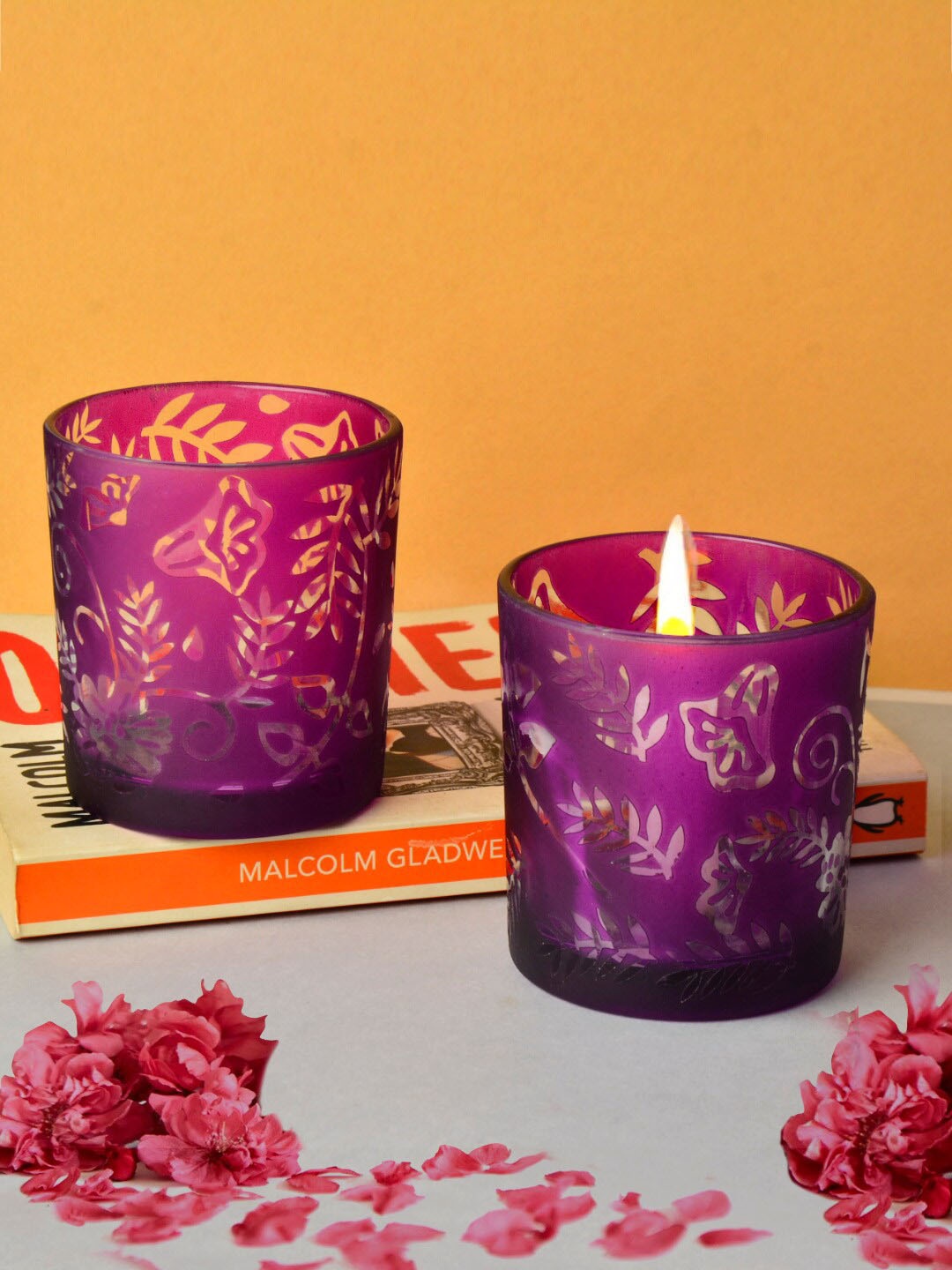 

StyleMyWay Set Of 2 Etched Glass Votive Candles Holders, Purple