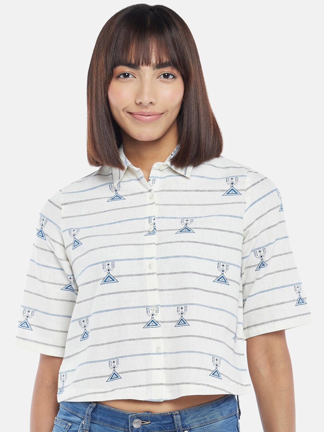 

People Women Off White Cotton Striped Top