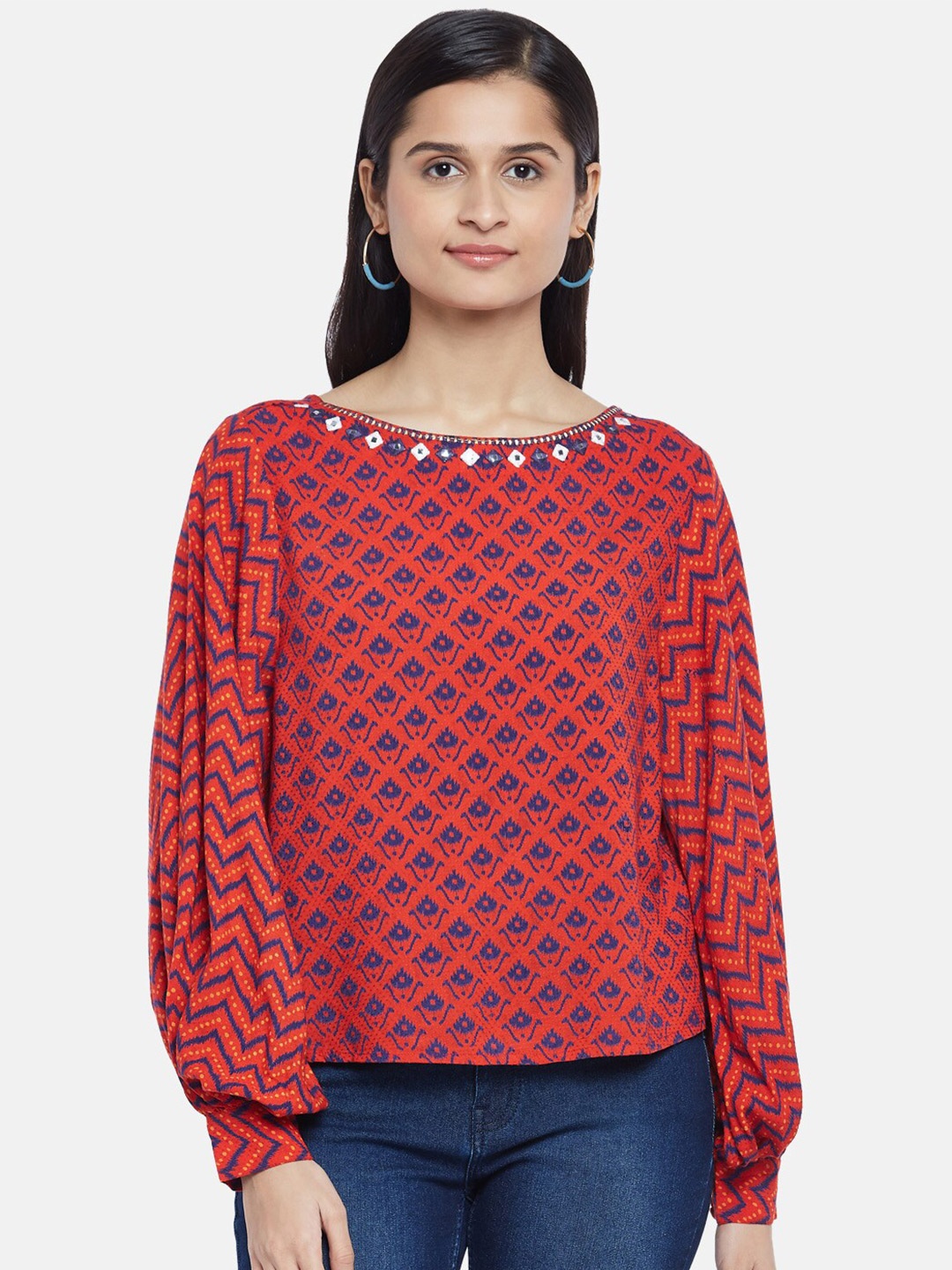 

People Pink & Blue Print Puff Sleeves Thread Work Top