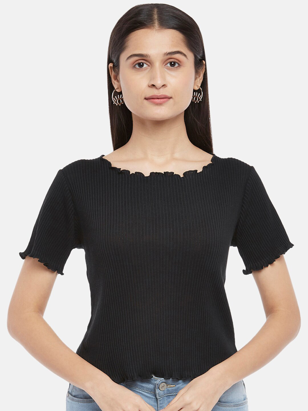 

People Women Black Solid Pure Cotton Crop Top