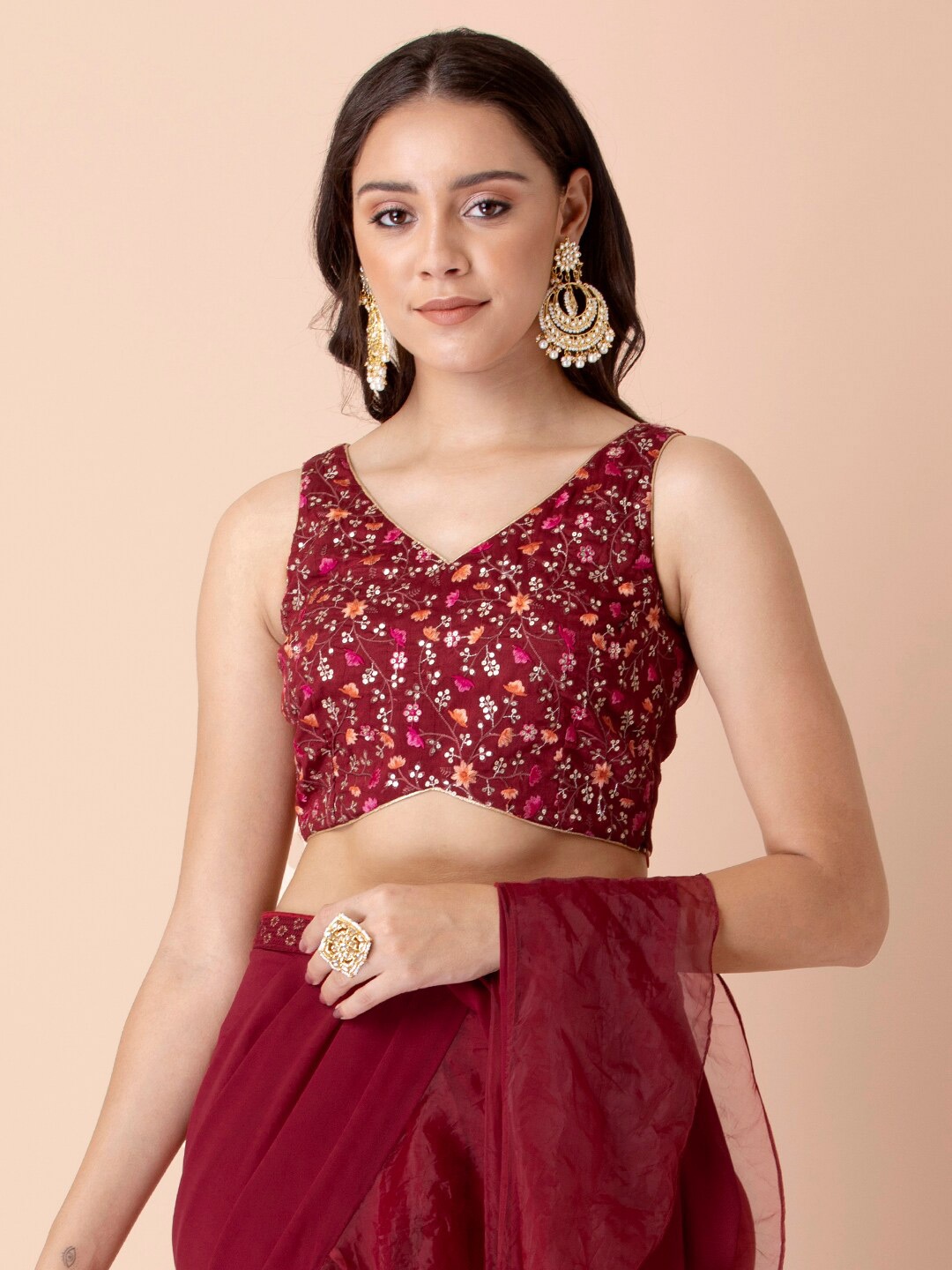 

INDYA Maroon Floral Embroidered & Embellished Silk Blend Ethnic Crop Top