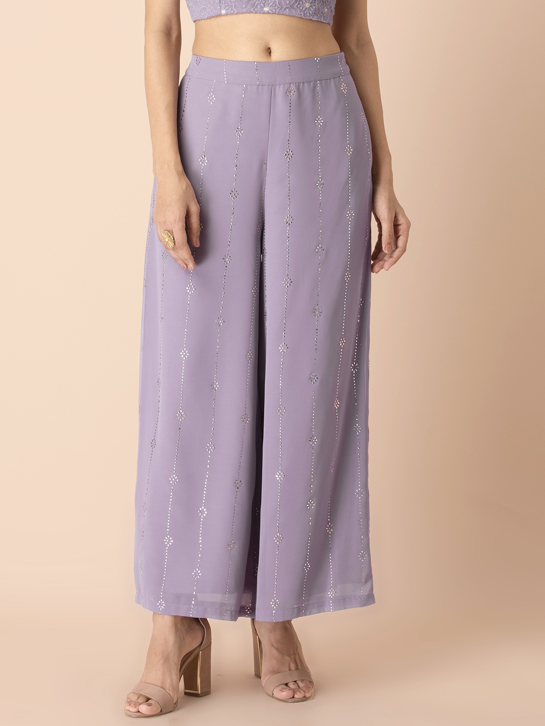 

INDYA Shraddha Kapoor Purple Mukaish Foil Striped Straight Fit Palazzo