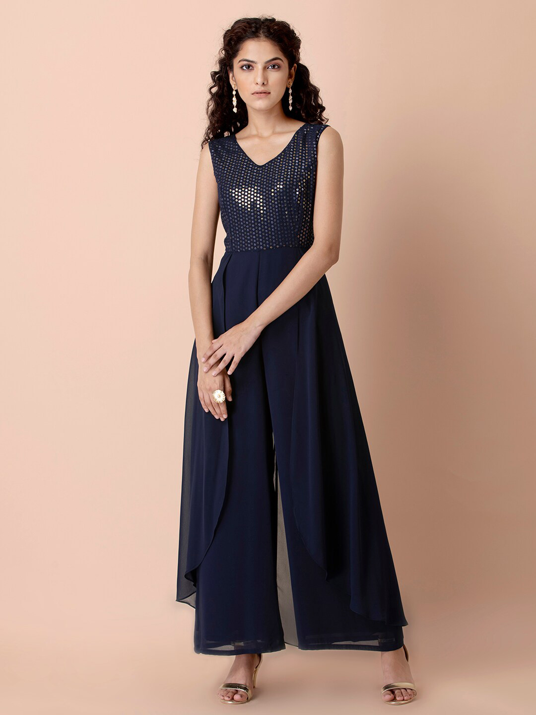 

INDYA Blue & Silver-Toned Sequinned Basic Jumpsuit