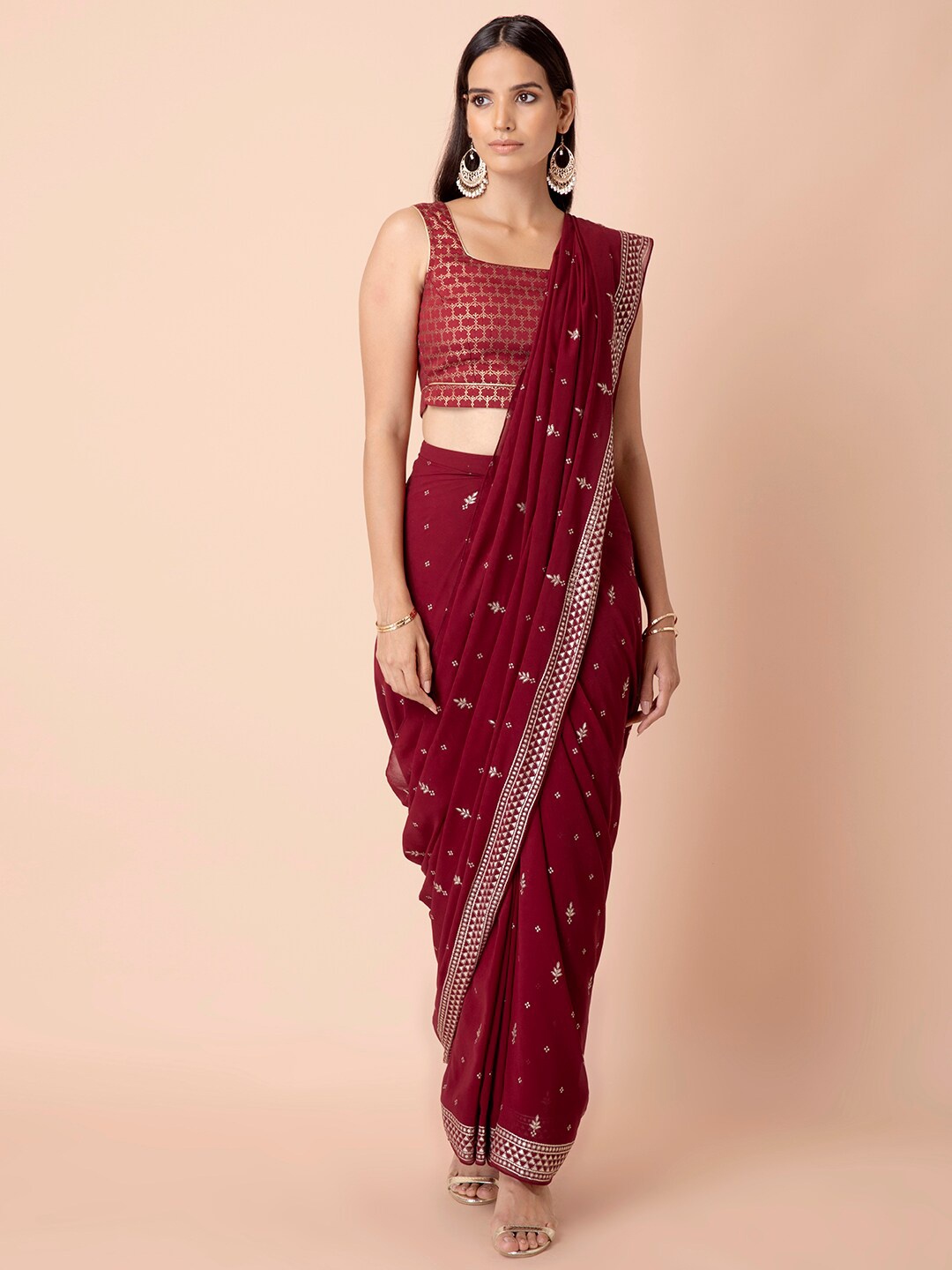 

INDYA Maroon & Silver-Toned Ready to Wear Floral Saree