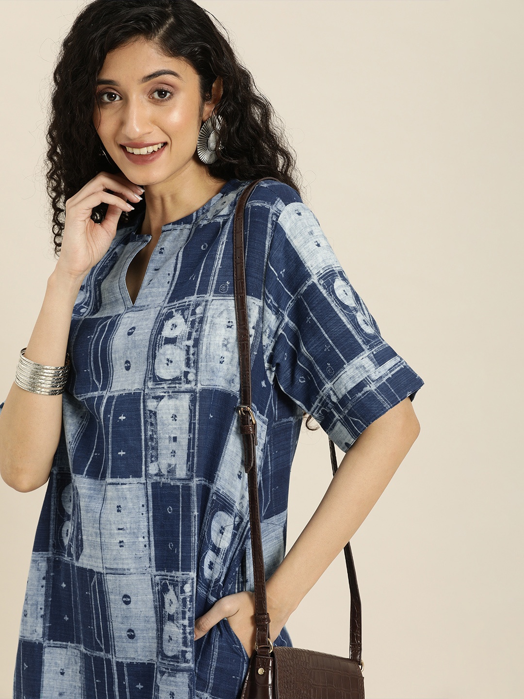 

Taavi Indigo Abstract Printed A-Line Dress, Blue