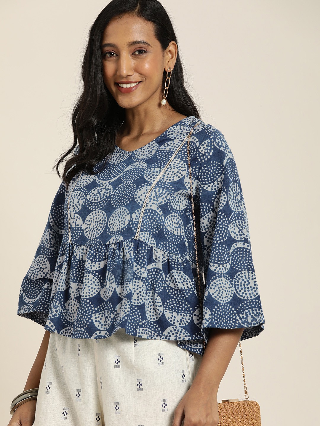 

Taavi Women Blue & White Cyanotype Printed Indigo Peplum Top with Flared Sleeves