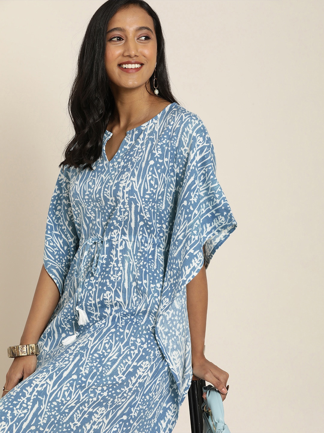 

Taavi Women Blue & White Cyanotype Printed Kaftan Dress with Tie-up Detail