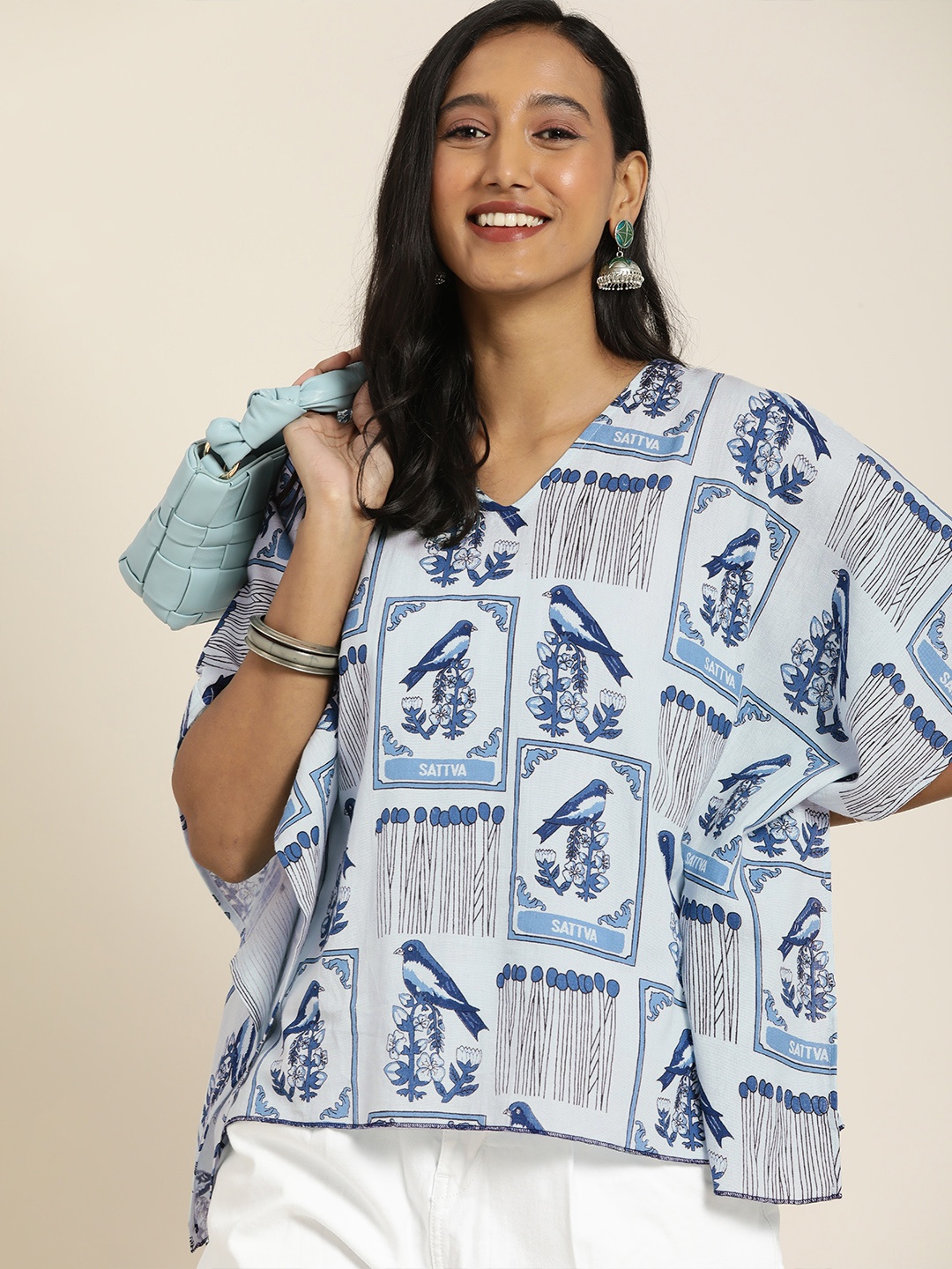 

Taavi Women Blue Cyanotype Printed Kaftan Top with V-Neck