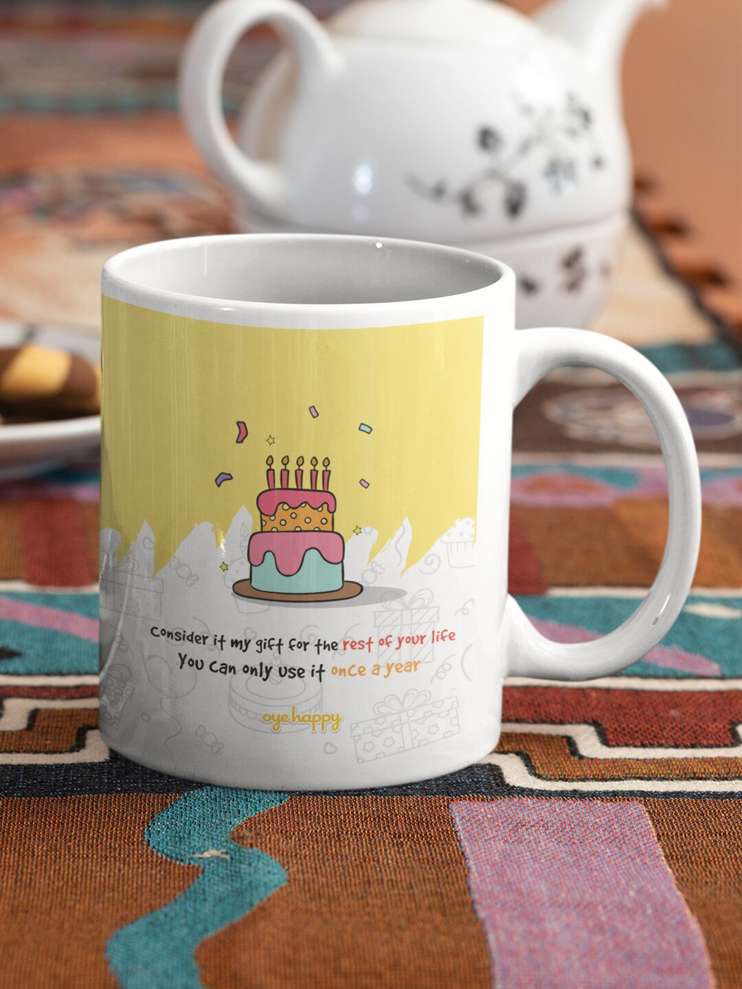 

Oye Happy White & Yellow Printed Ceramic Glossy Mugs Set of Cups and Mugs