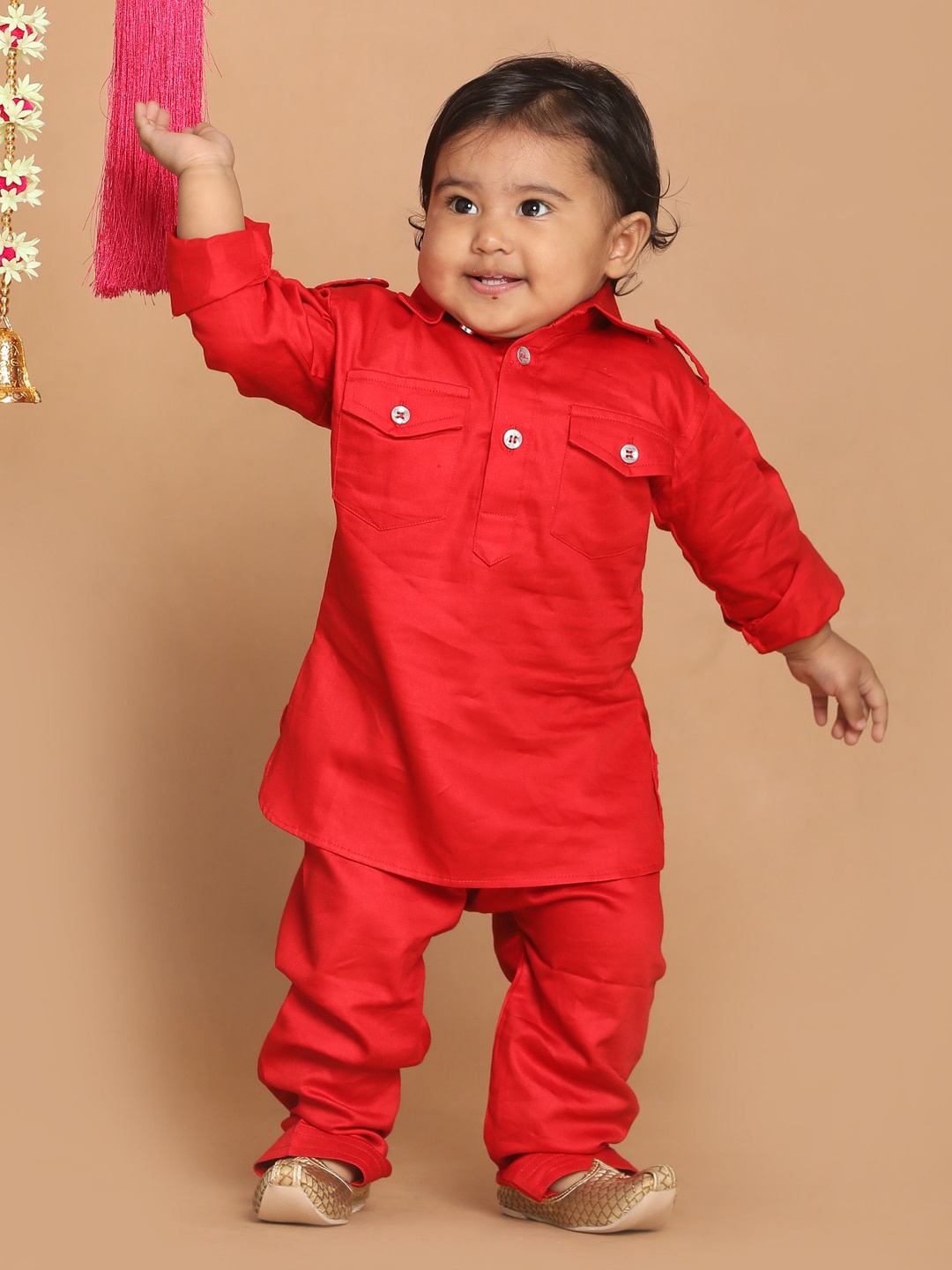 

VASTRAMAY SISHU Boys Red Pure Cotton Kurta with Dhoti Pants