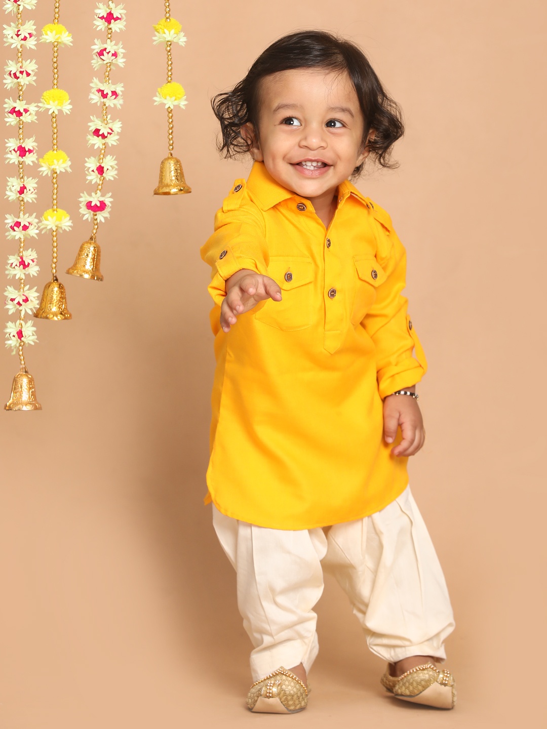 

VASTRAMAY Boys Yellow & Cream-Coloured Kurta with Patiala