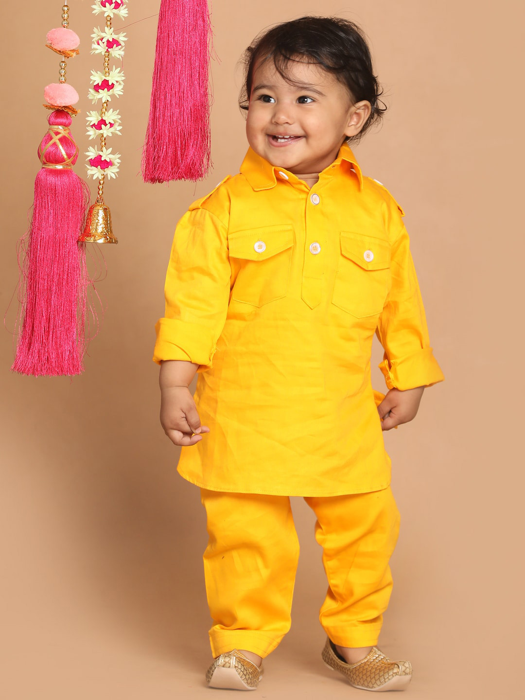 

VASTRAMAY SISHU Boys Yellow Pure Cotton Pathani Kurta with Trousers