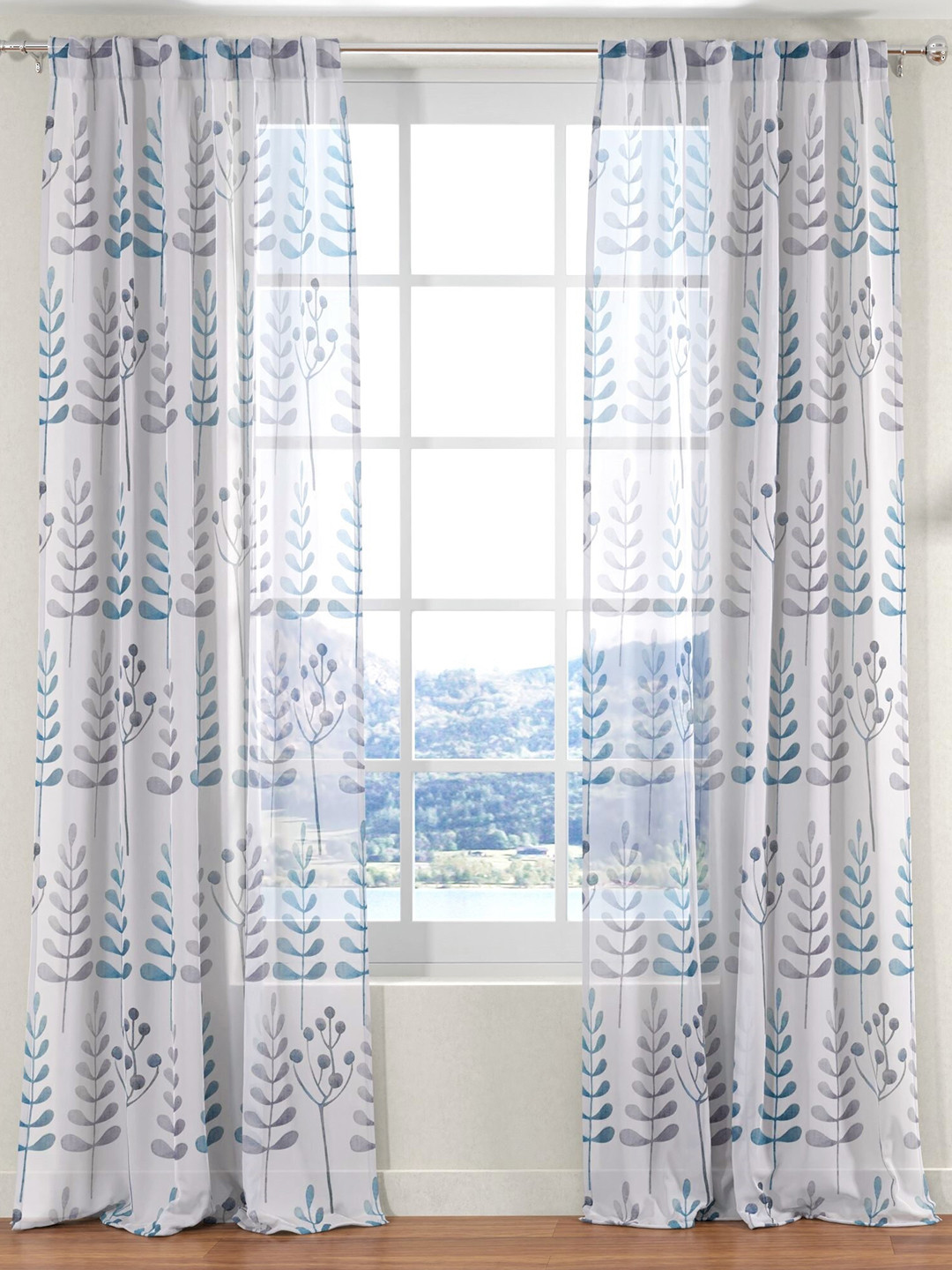 

URBAN SPACE Blue & White Set of 2 Floral Sheer Long Door Curtain