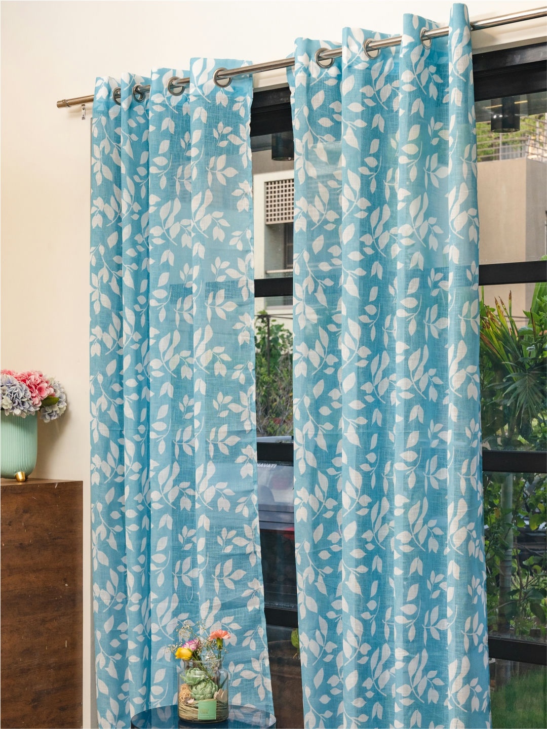 

URBAN SPACE Set of 2 Blue & White Floral Sheer Door Curtain