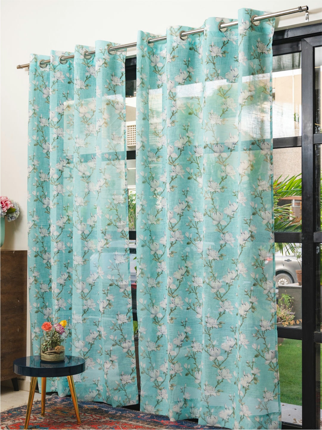 

URBAN SPACE Teal & Beige Set of 2 Floral Sheer Window Curtain