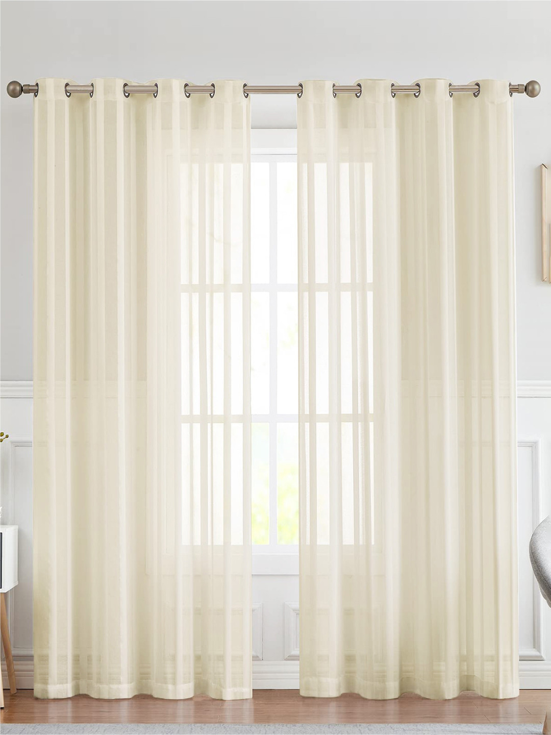 

URBAN SPACE Set of 2 Cream-Coloured Striped Sheer Window Curtain