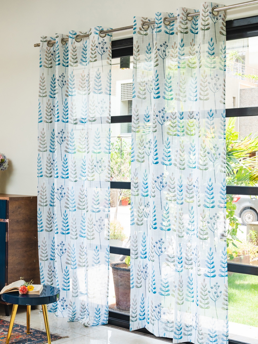 

URBAN SPACE Blue & White Set of 2 Floral Printed Sheer Window Curtain