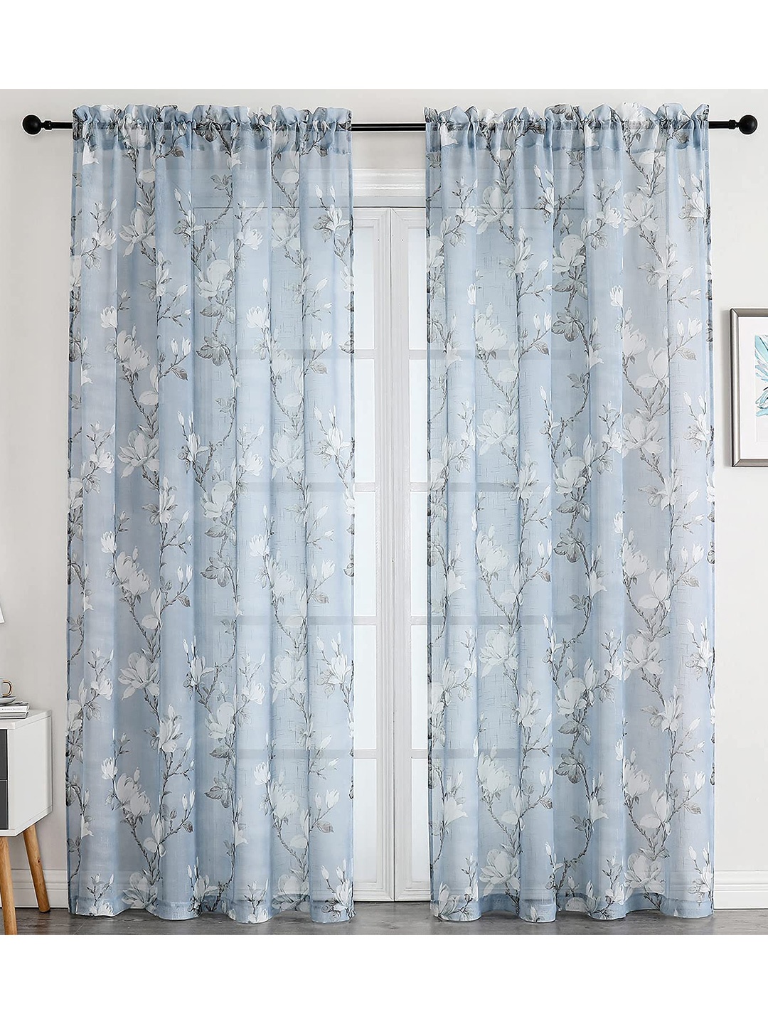 

URBAN SPACE Set of 2 Blue & White Floral Sheer Long Door Curtain