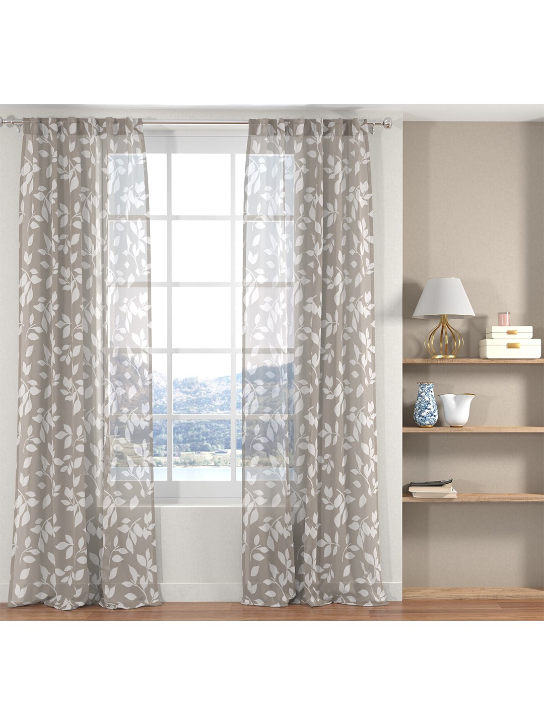 

URBAN SPACE Grey & White Set of 2 Floral Sheer Window Curtain