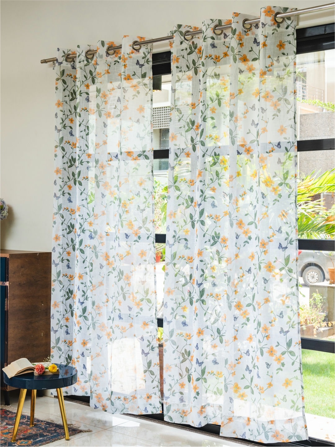 

URBAN SPACE Yellow & White Set of 2 Floral Sheer Window Curtain