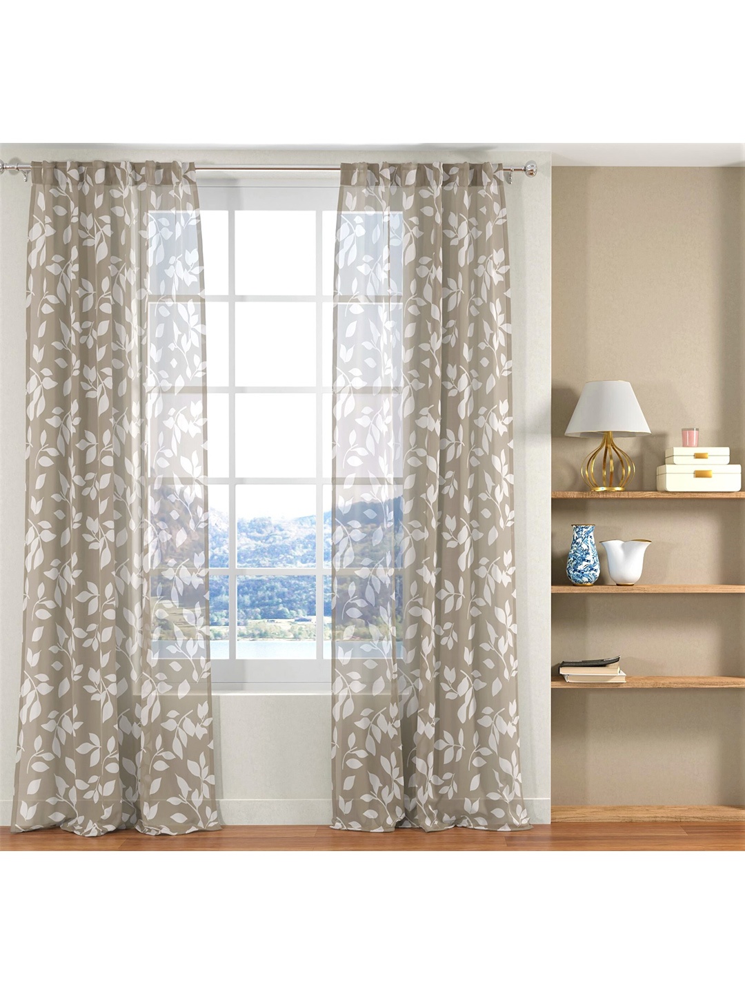 

URBAN SPACE Grey & White Set of 2 Floral Sheer Long Door Curtains