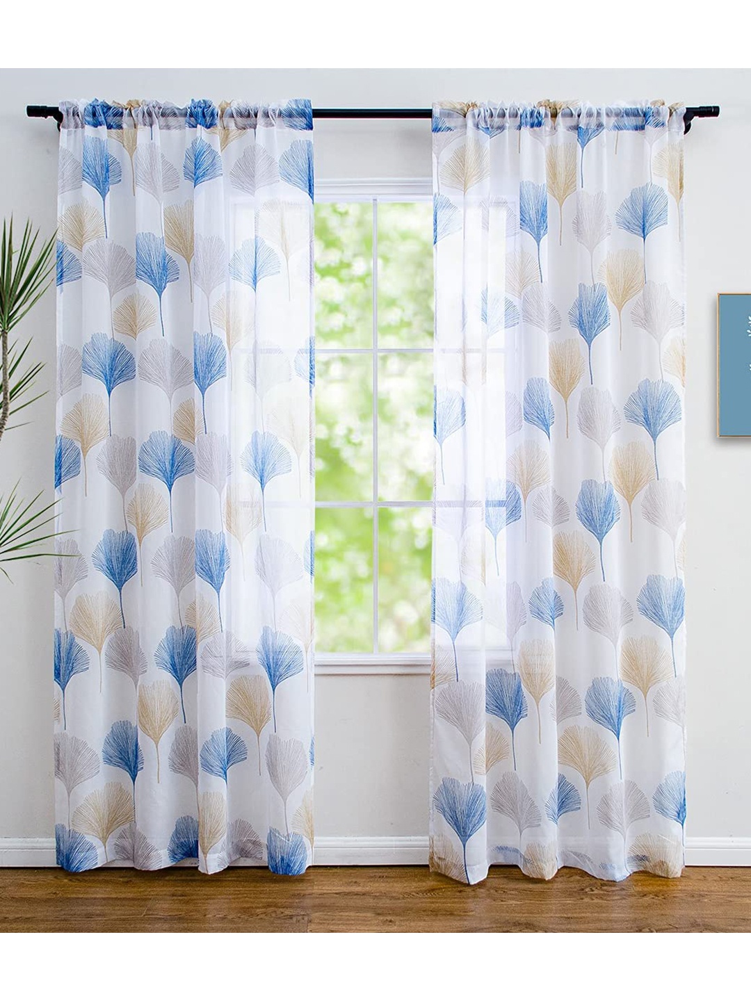 

URBAN SPACE Blue & White Set of 2 Floral Sheer Long Door Curtain