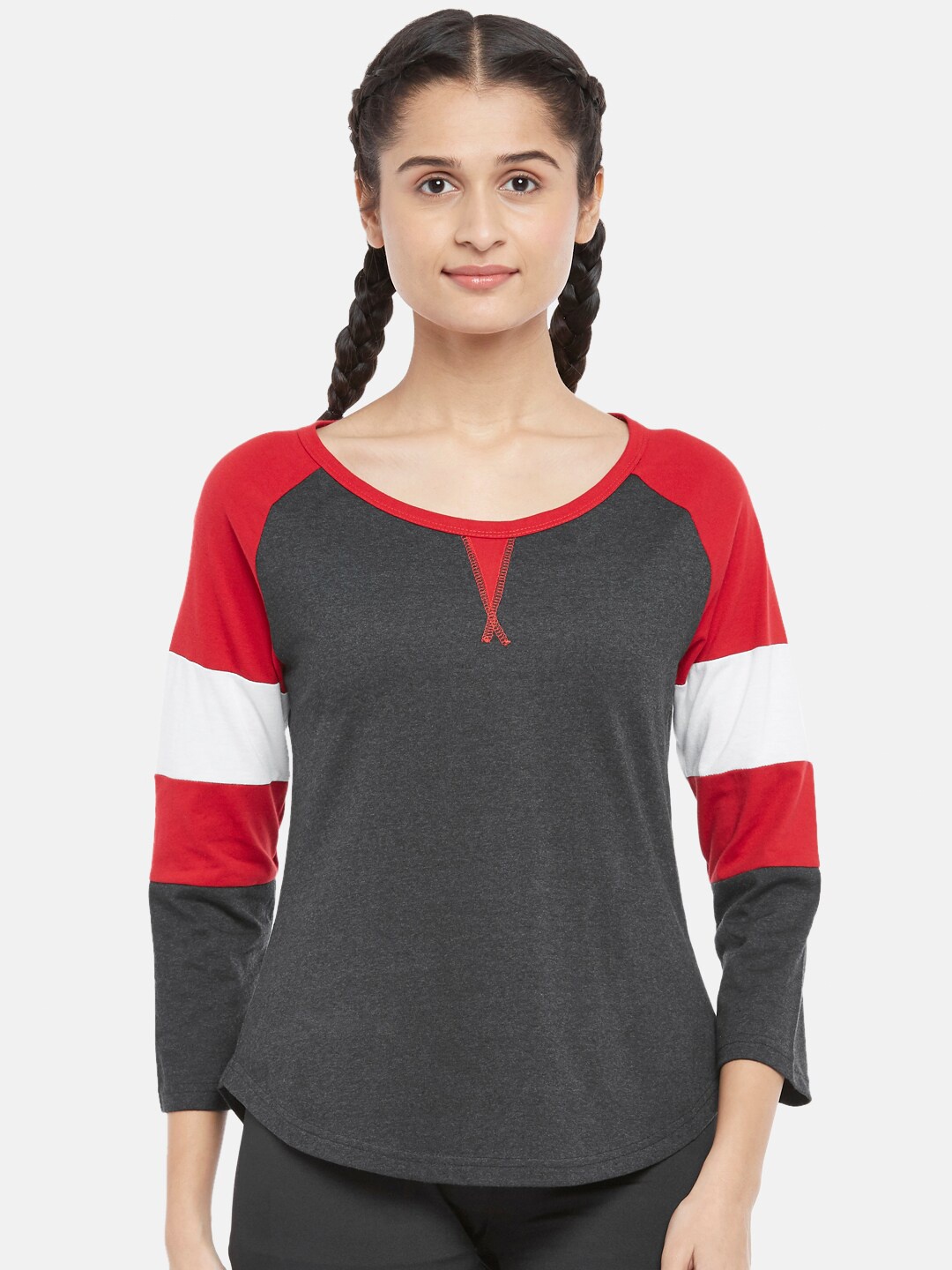 

Ajile by Pantaloons Colourblocked Raglan Sleeves Pure Cotton Top, Grey