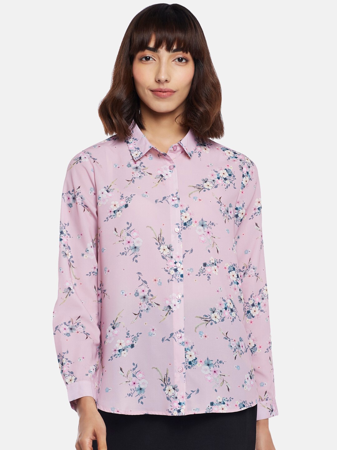 

Annabelle by Pantaloons Lavender & Blue Floral Print Mandarin Collar Top