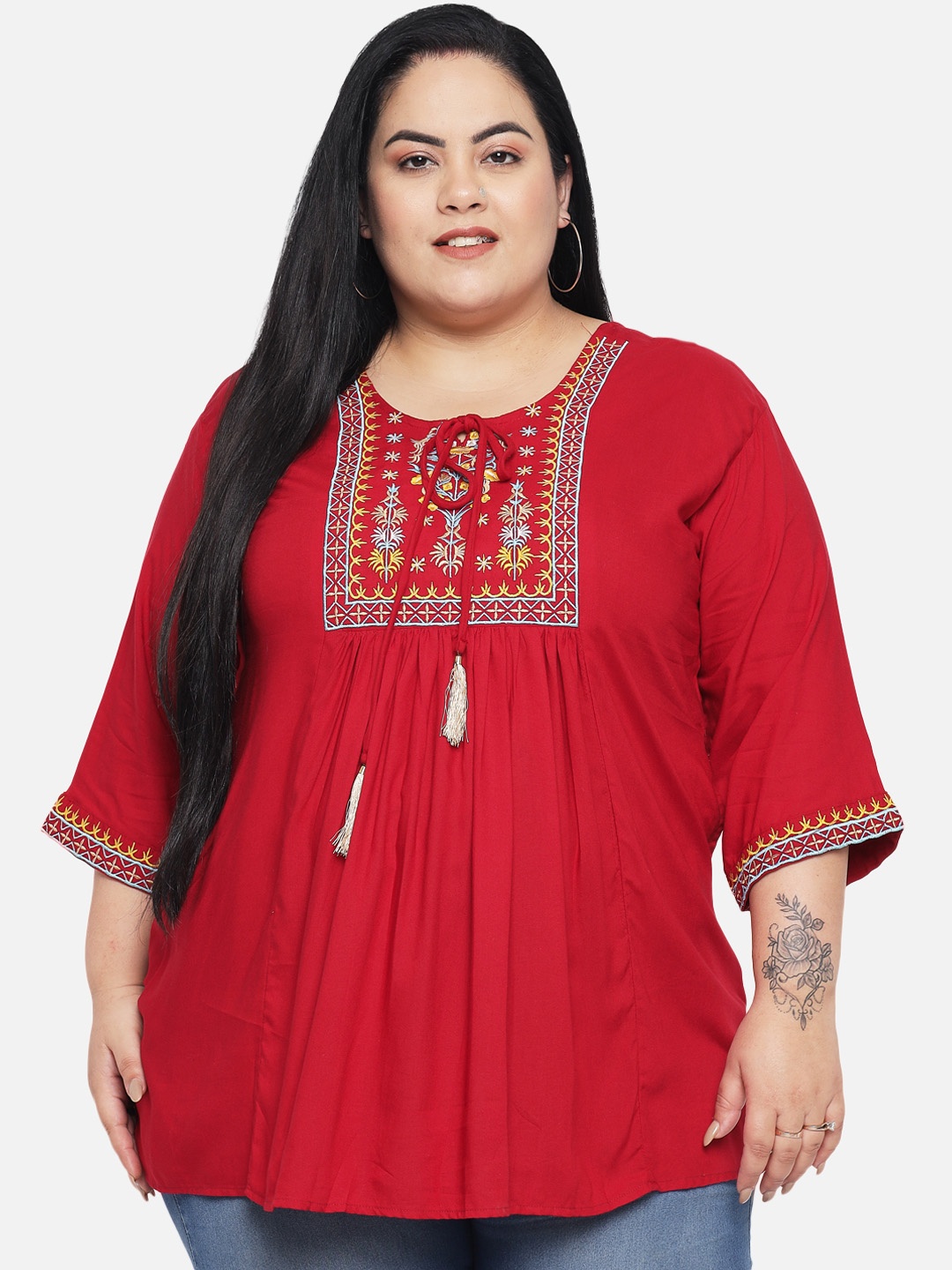 

Indietoga Women Plus Size Maroon Rayon Embroidered Regular Fit Top