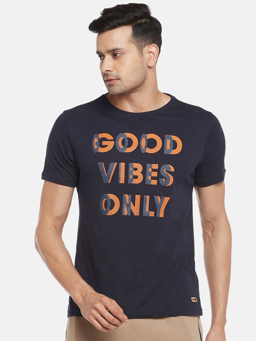 

Ajile by Pantaloons Men Navy Blue Typography Printed Pure Cotton Slim Fit T-shirt