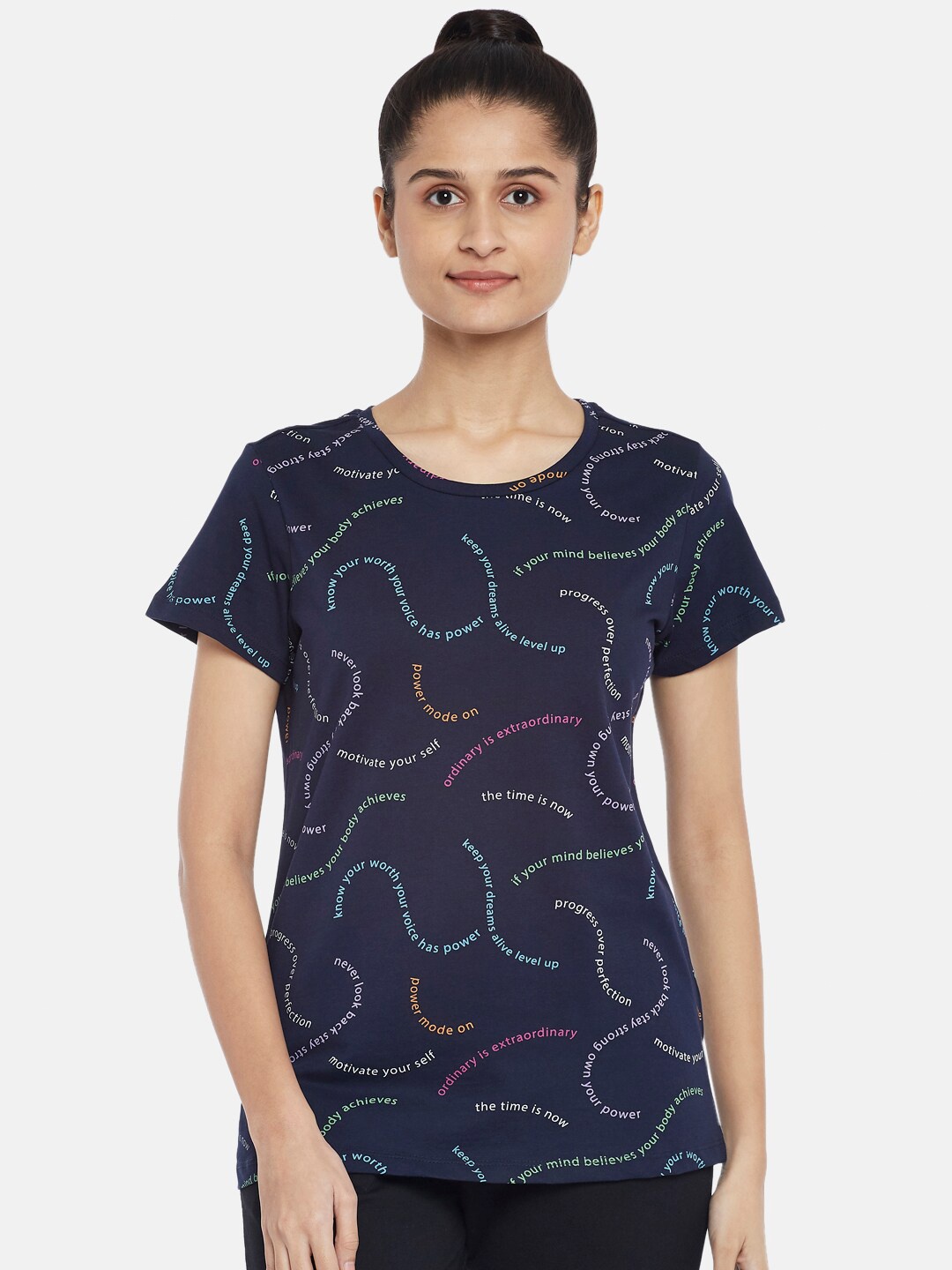 

Ajile by Pantaloons Women Navy Blue Printed Pure Cotton T-shirt
