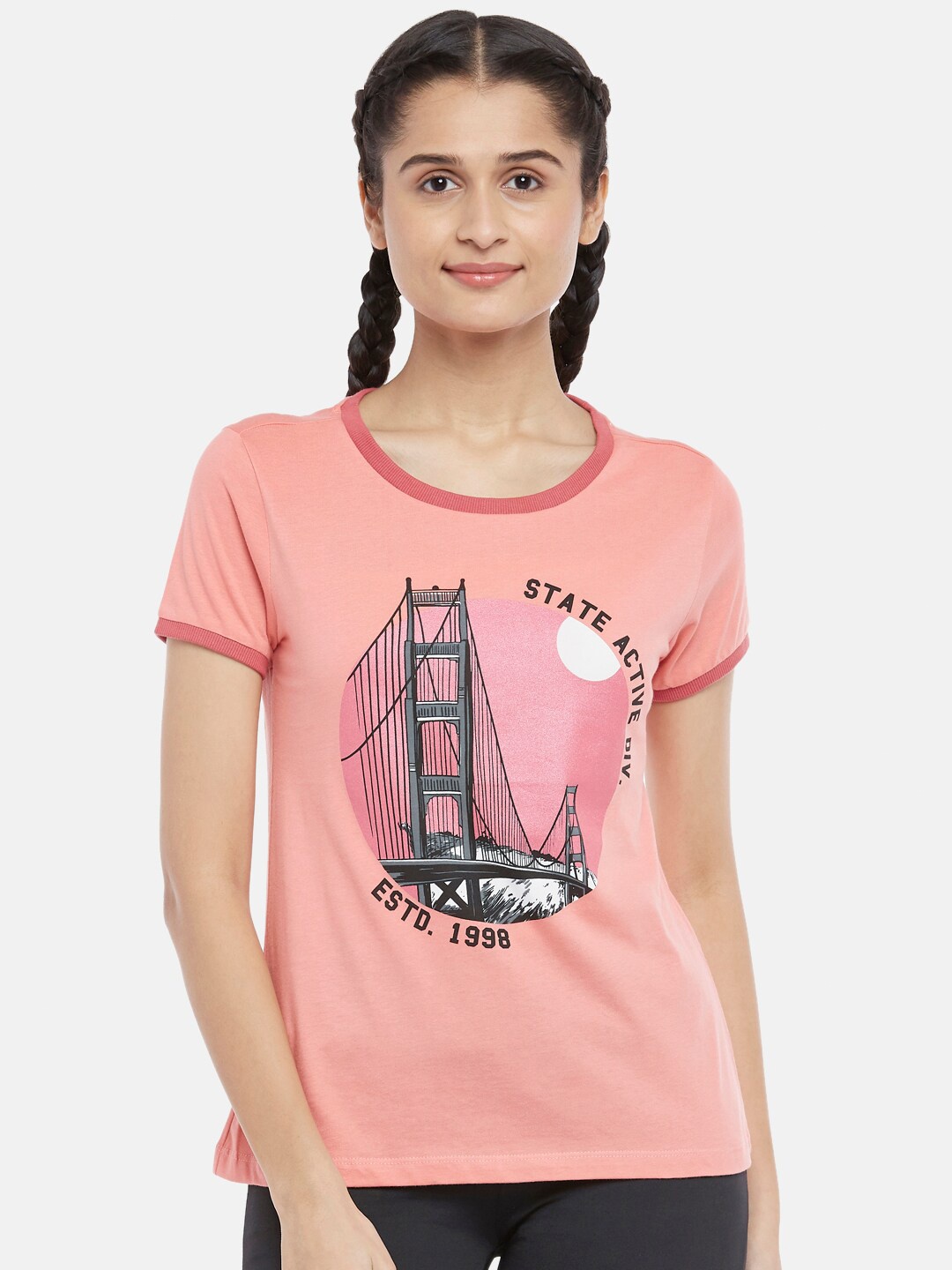 

Ajile by Pantaloons Women Pink & Green Printed Round Neck Pure Cotton T-shirt