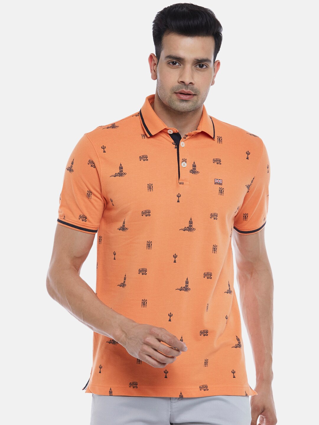 

BYFORD by Pantaloons Men Orange Printed Polo Collar Pure Cotton Slim Fit T-shirt