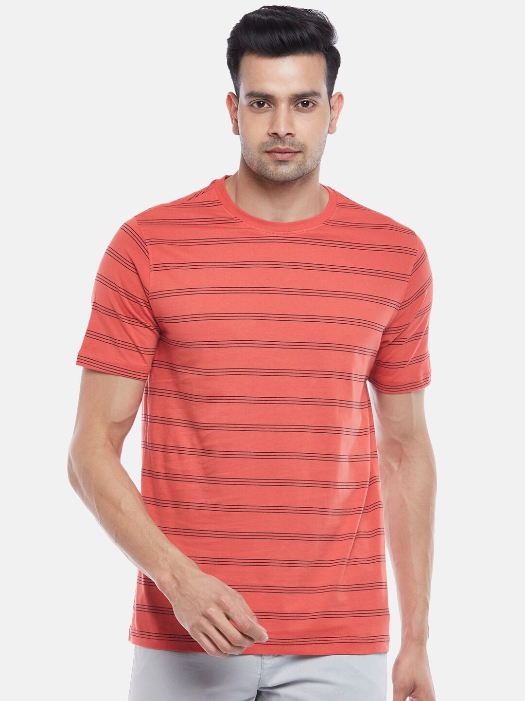 

BYFORD by Pantaloons Men Coral & Navy Blue Striped Pure Cotton Slim Fit T-shirt