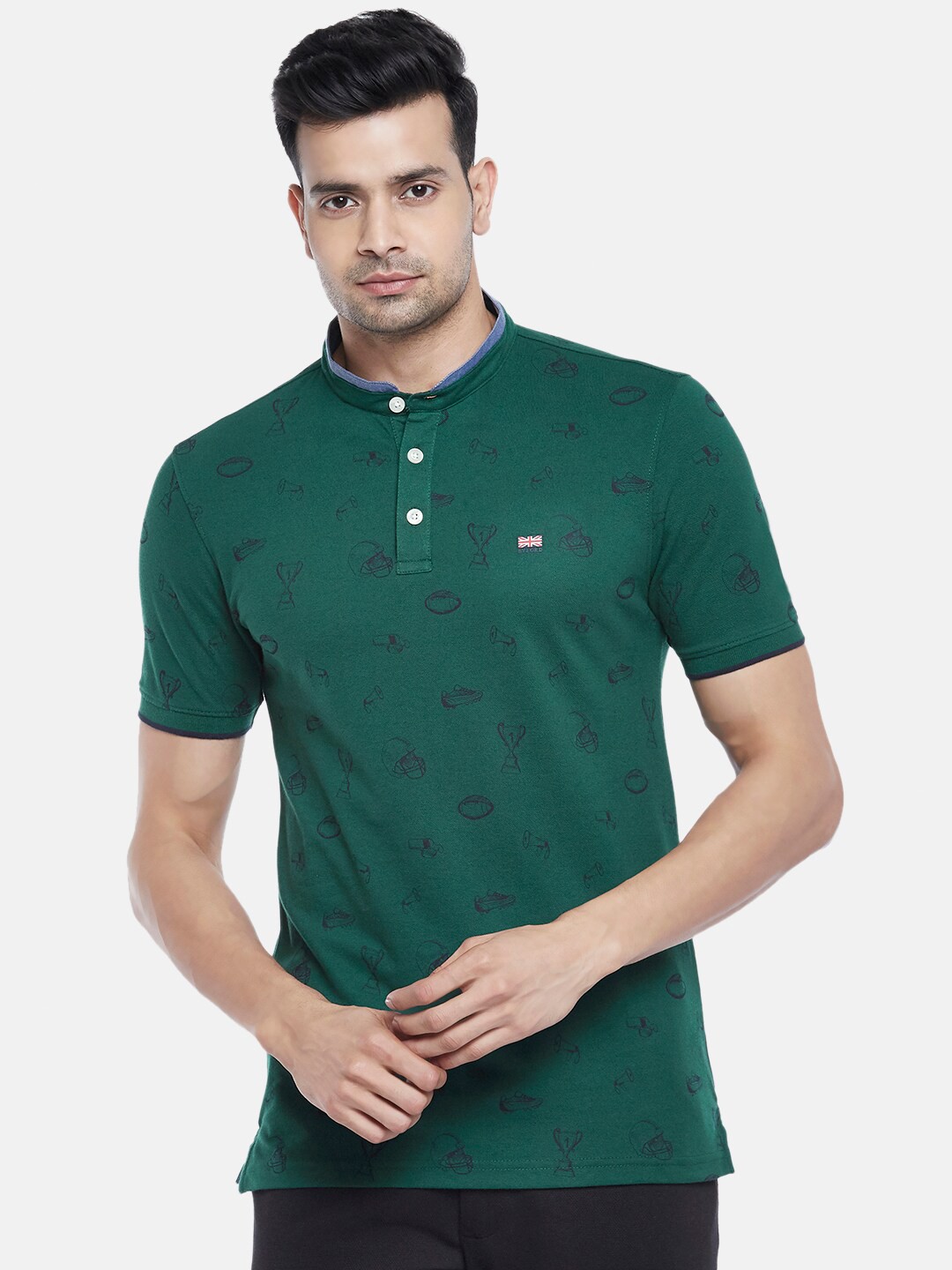 

BYFORD by Pantaloons Men Green Mandarin Collar Pure Cotton Slim Fit T-shirt